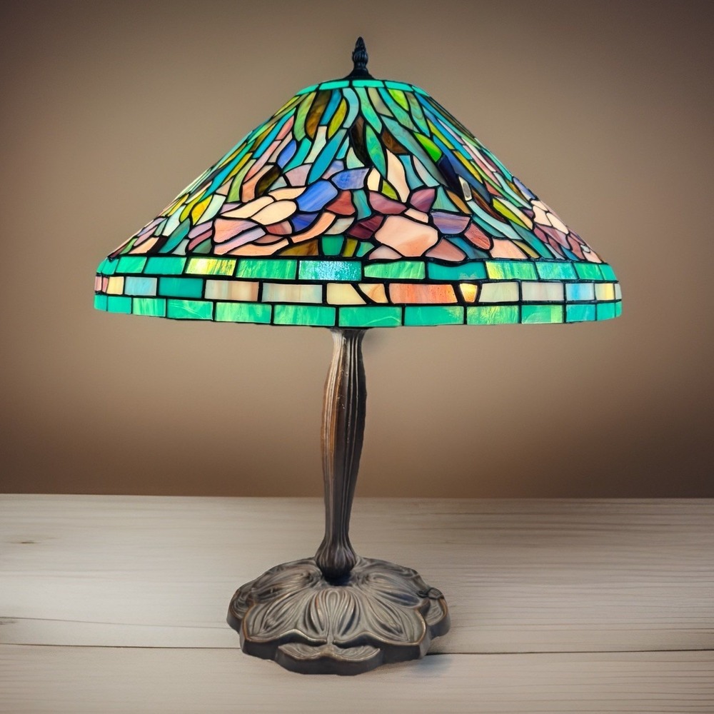 Vtg Tiffany Style Stained Glass Art Nouveau Floral Table Lamp 24" Tall 20" Wide